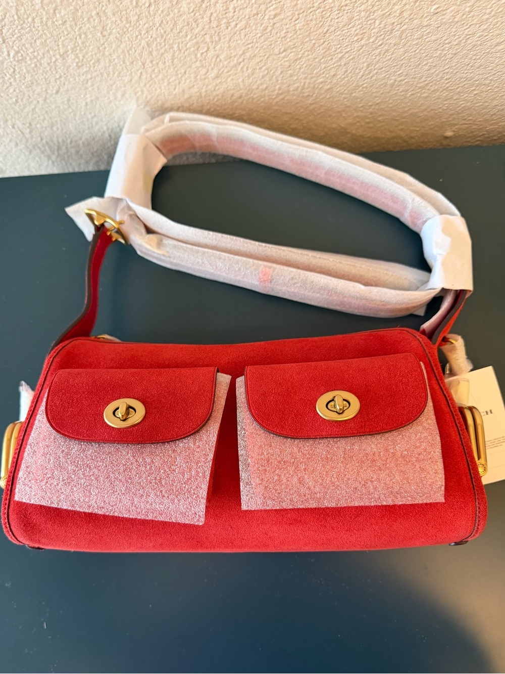 Coach Candy Apple Haversack 27 Suede Shoulder Bag with Dual Front Flaps